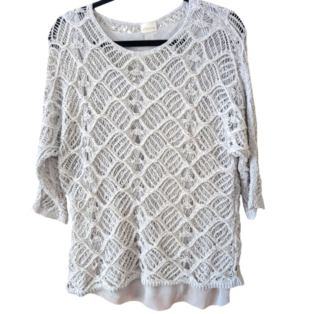Chico's Crochet Overlay Woven Gray Sweater Size 2‎ (Large)